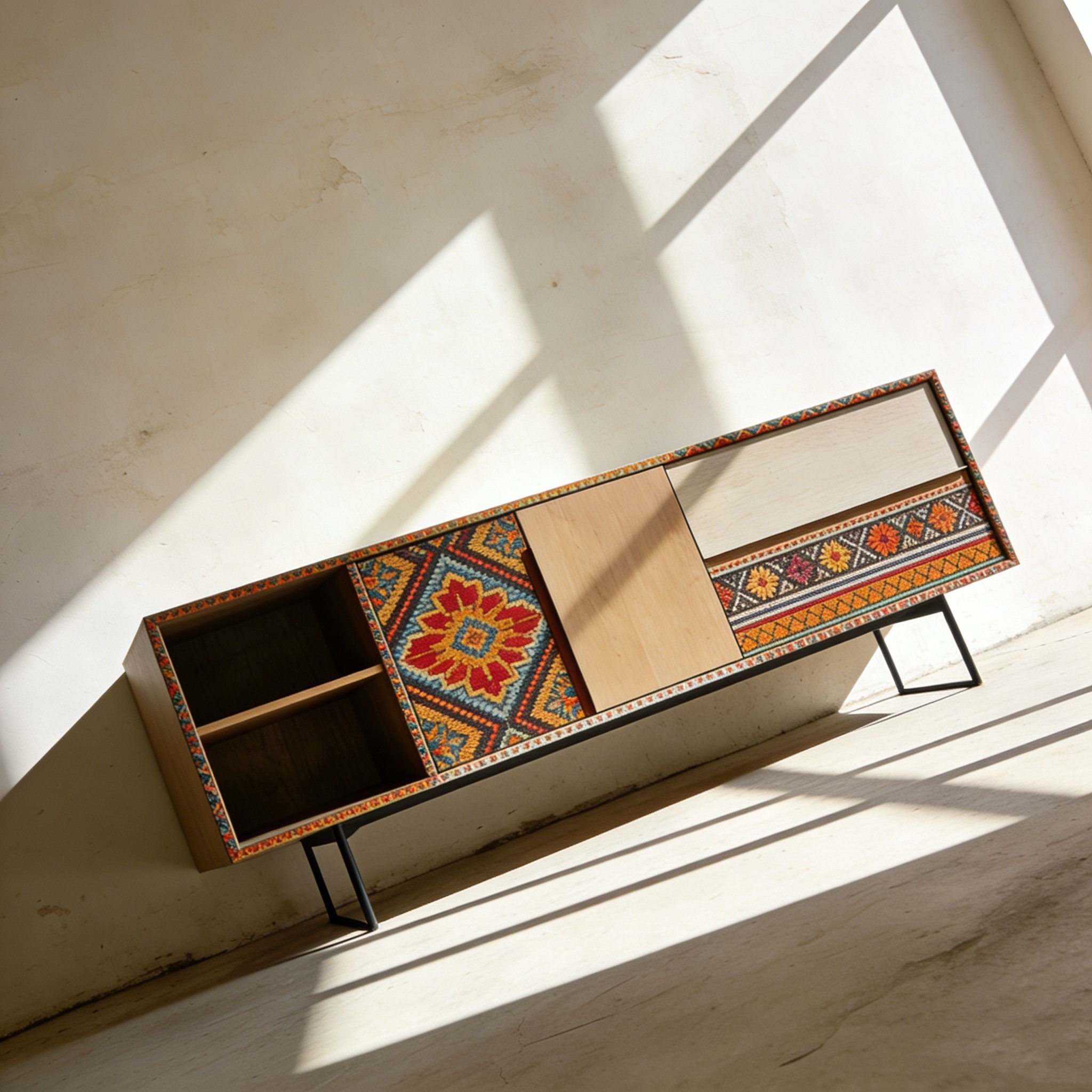 거실에 배치된 내추럴 원목 TV장