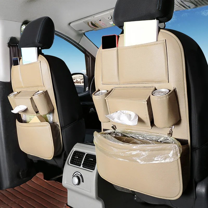Car seat backrest organizer with multiple pockets for storage