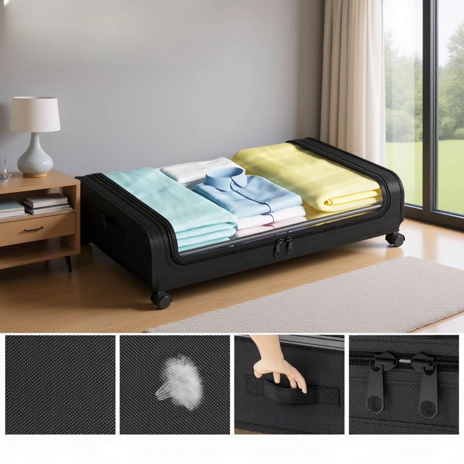 Caja de tela con ruedas para guardar ropa y accesorios