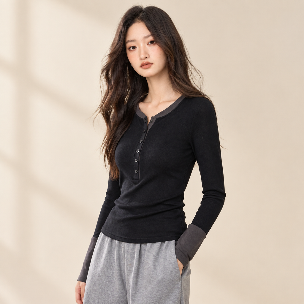 Camiseta interior de manga larga con botones en contraste para mujer, ideal para primavera y otoño