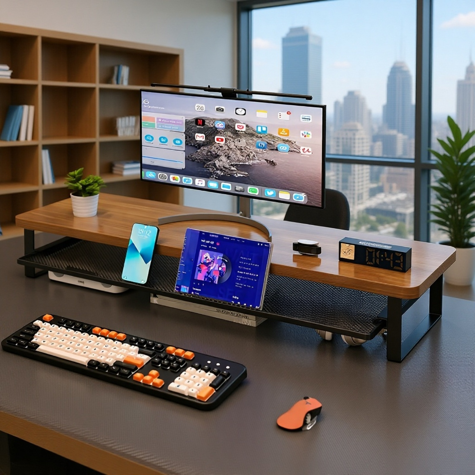 Adjustable Monitor Riser with Drawer, Double Layer Design
