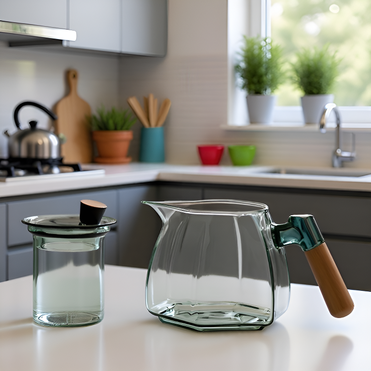 Stilvolles Tee-Ei aus Glas neben einer Teekanne