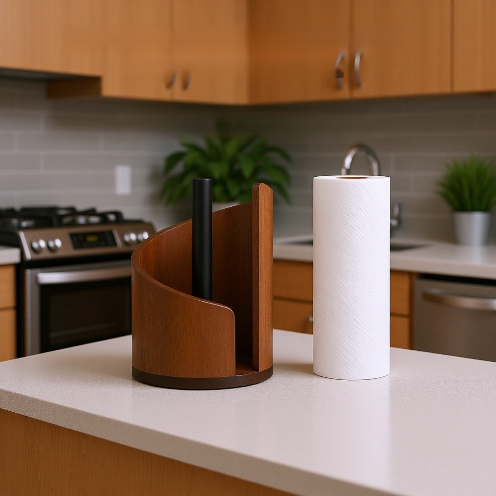 Hand placing tissues into round wooden holder