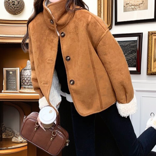 Women's Autumn Winter Short Mink Faux Suede Rider Jacket front view