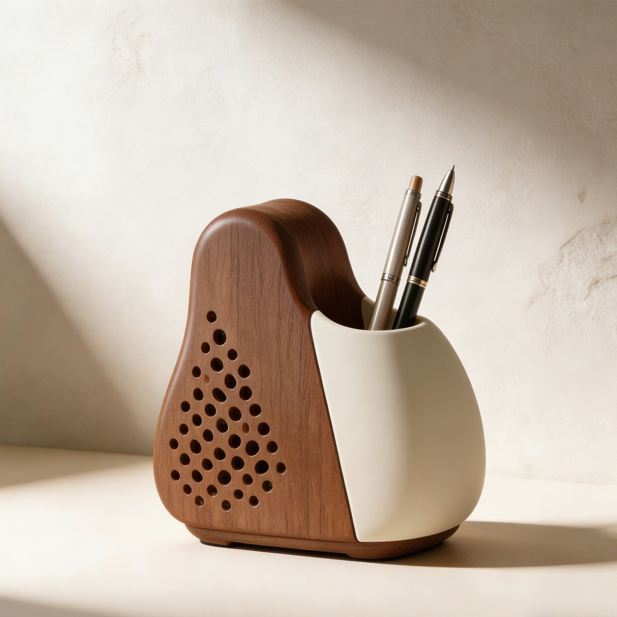 Multi-functional solid wood pen organizer on office desk