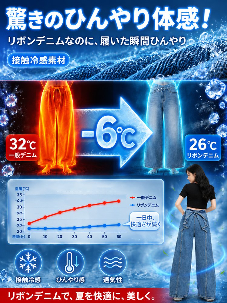 レディースウエストリボンワイドデニムパンツ 