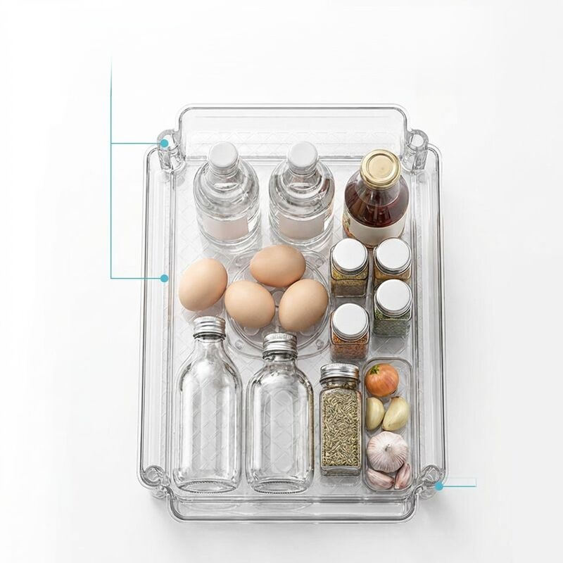 กล่องจัดเก็บหมุนได้ในตู้เย็นครัว แบบใส พร้อมที่ดูดติด