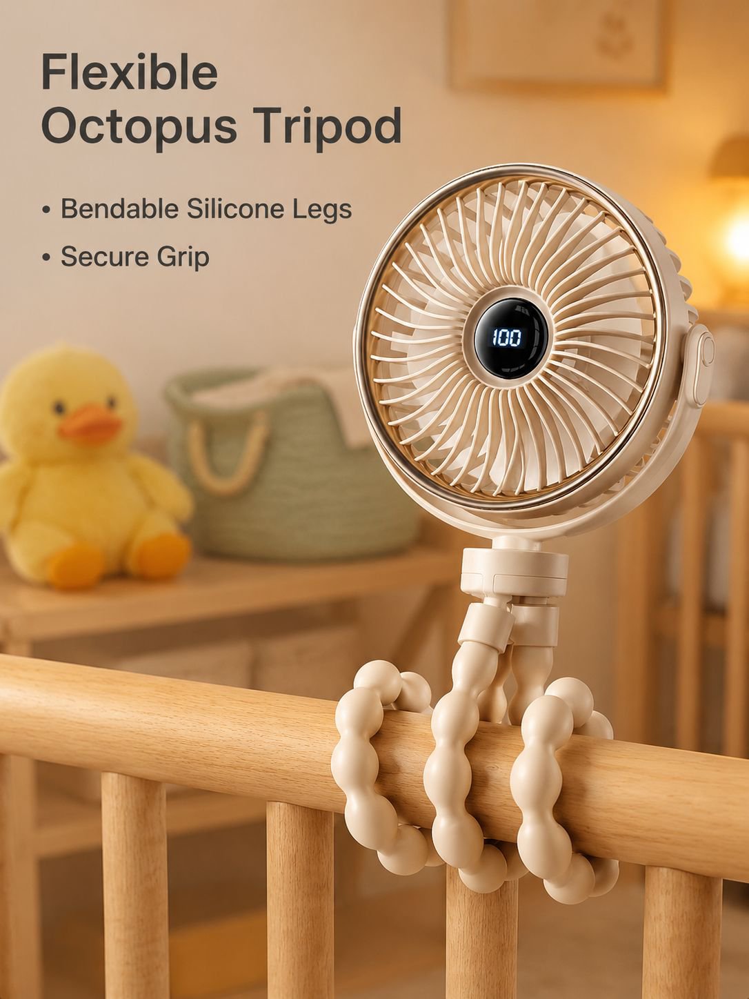 Silent Stroller Fan for Kids Rechargeable Portable Octopus Clip Fan