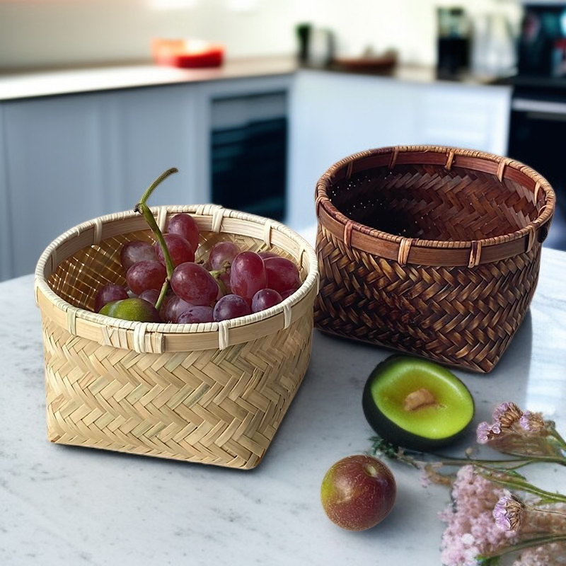  한정판 수제 대나무 사각 트레이 과일·간식·차 보관 바구니