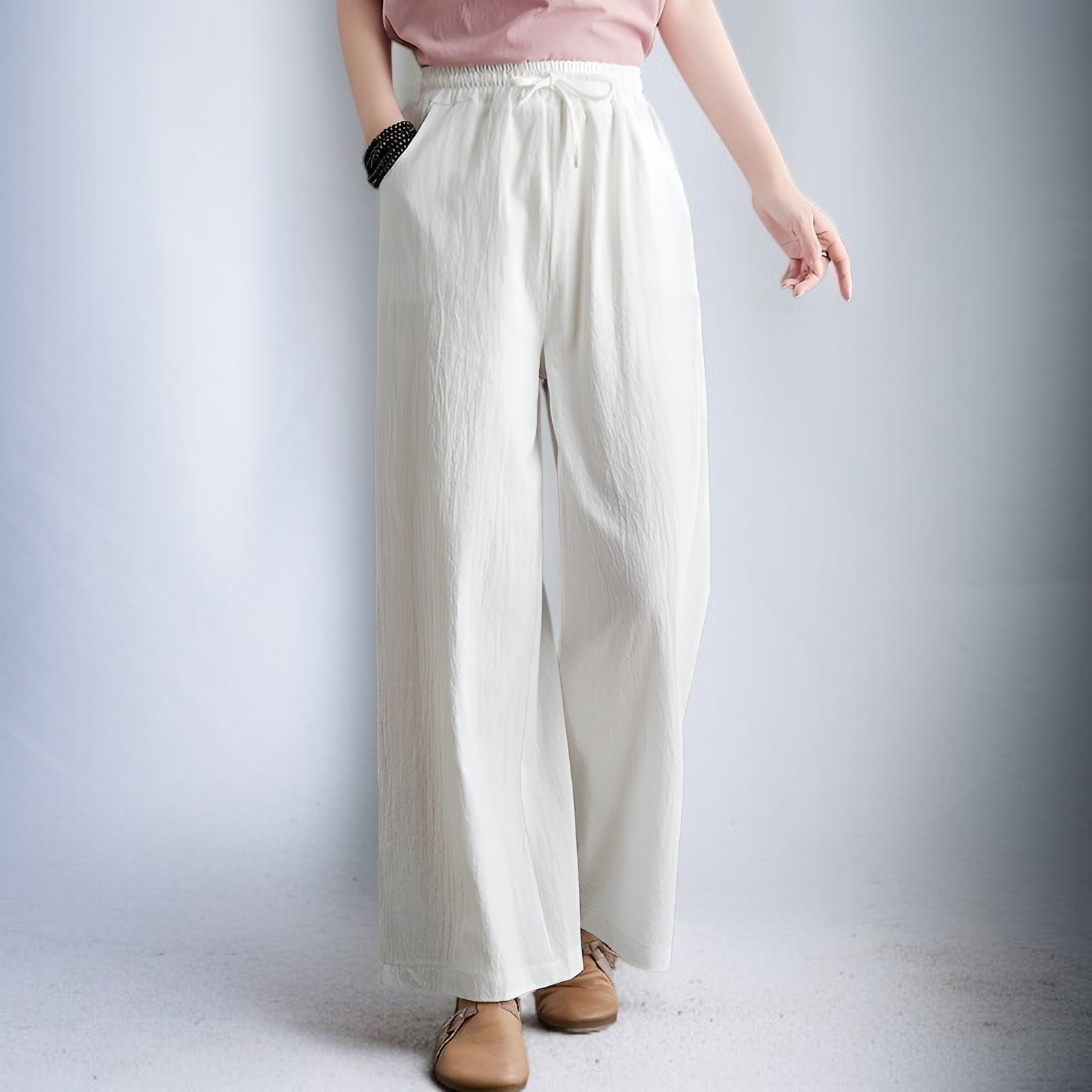 レディース 春夏用 コットンリネン ルーズストレートレッグパンツ