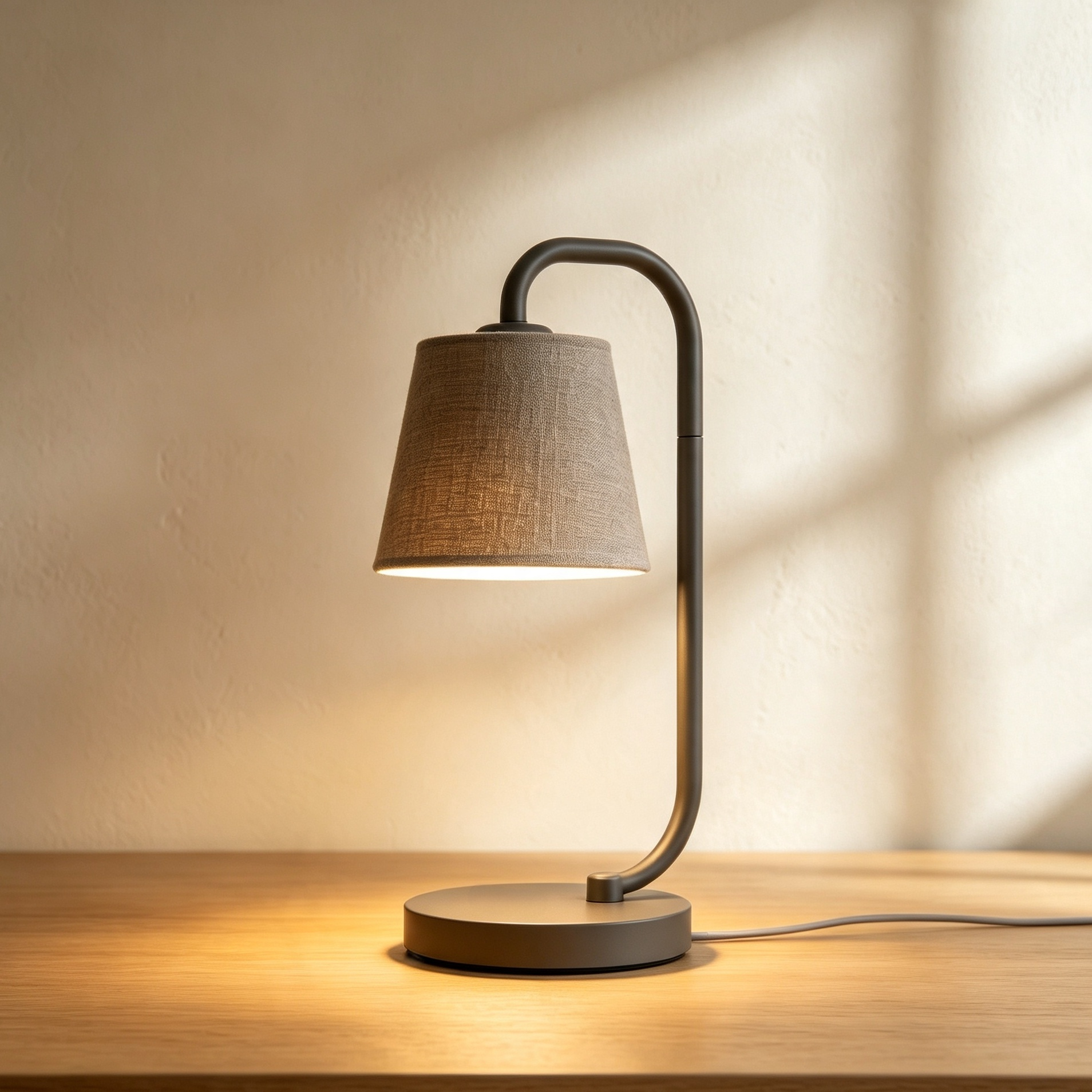 Modern curved pole table lamp with fabric shade close-up