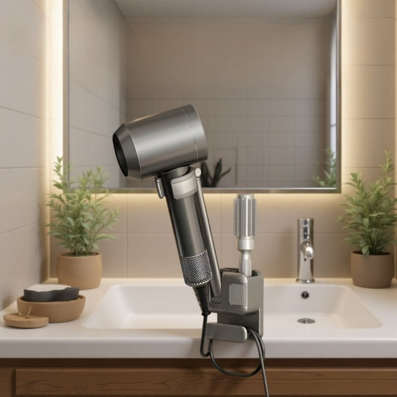 穴あけ不要バスルーム用ヘアドライヤースタンド ハンズフリー収納ラック