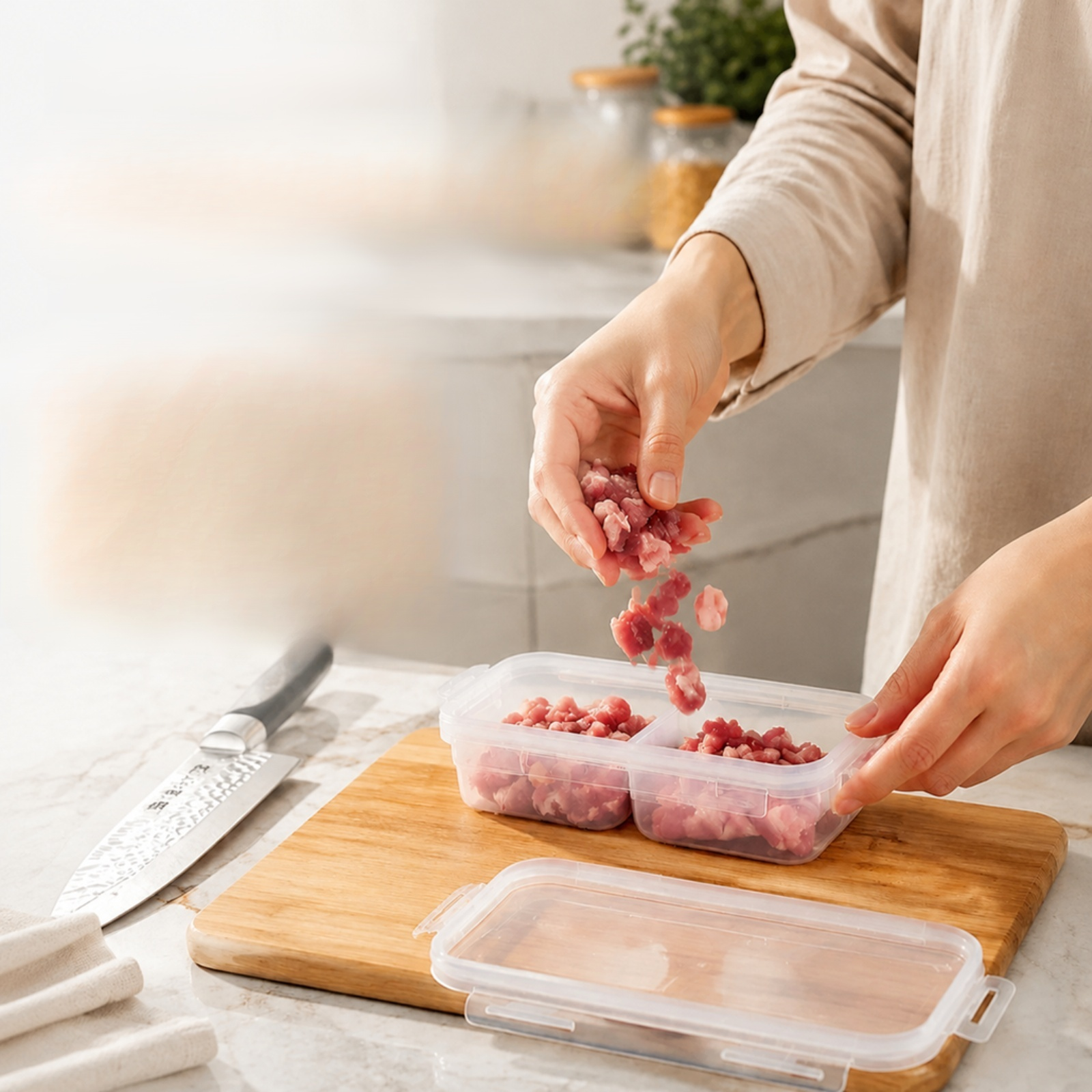 食品グレードの電子レンジ対応肉用冷凍保存容器、臭いの混ざりを防ぐ密閉構造、および週ごとの食材準備用保存容器。