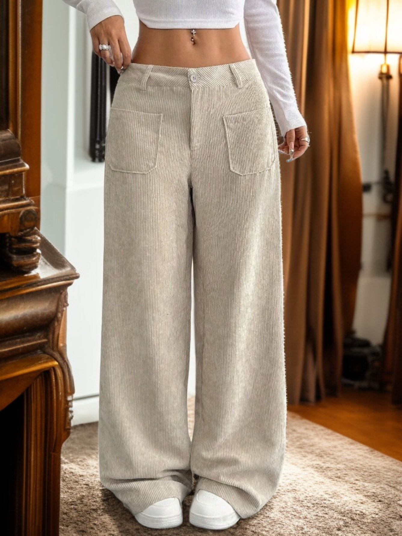 ゆったりシルエット無地ストライプワイドパンツ全体写真