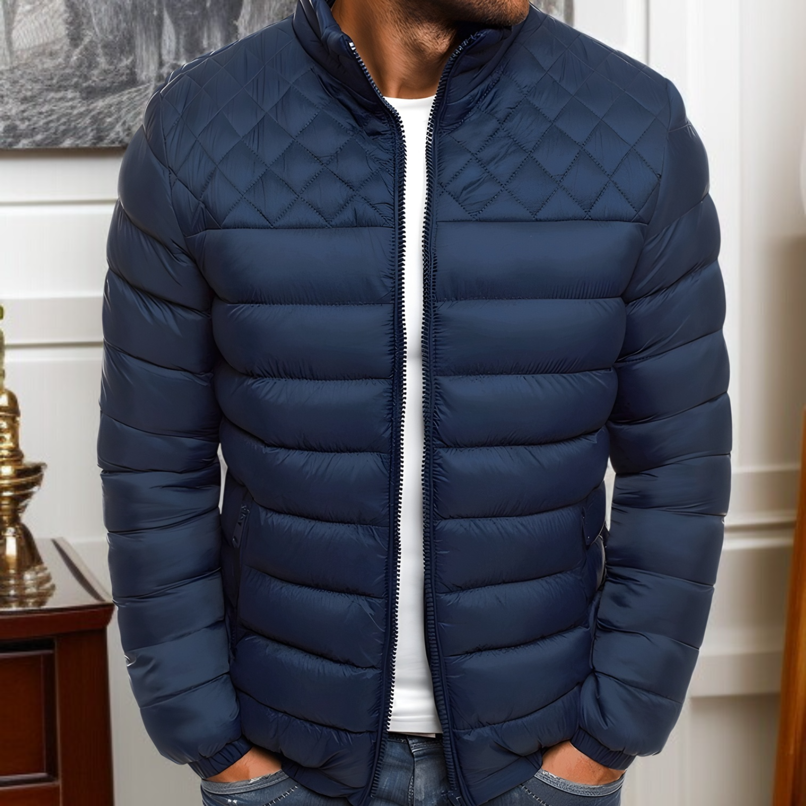 남성 스탠카라 아가일 패딩 패션 추동 기모 패딩 남 퓨어 아가일 남성 스탠카라 패딩