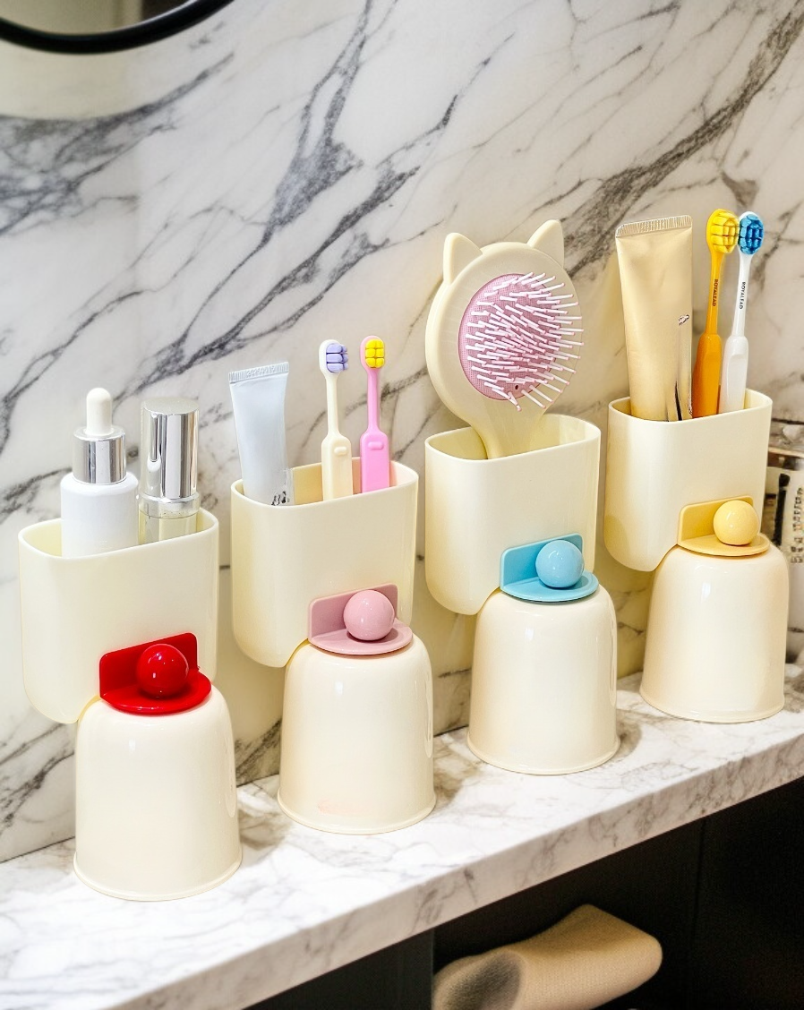 Bathroom toothbrush cup organizer with strong suction