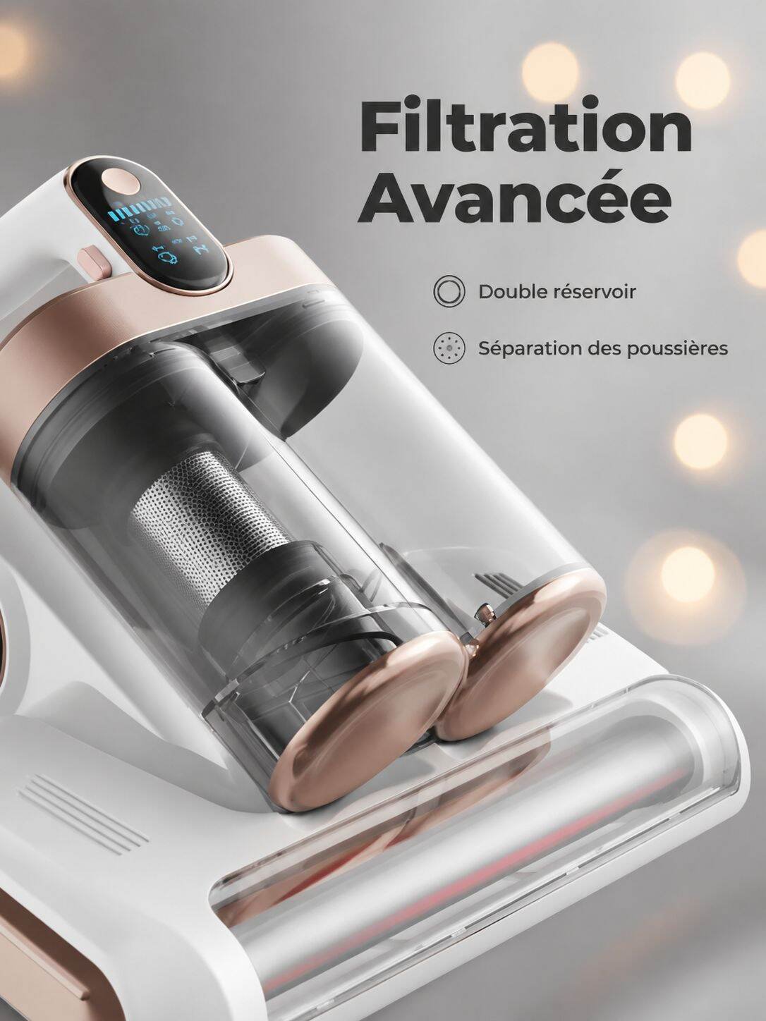 Aspirateur anti-acariens avec brosse rotative et filtre à double réservoir