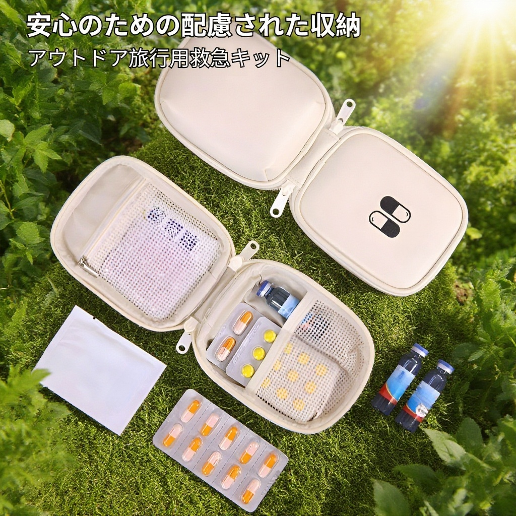 薬や応急用品を収納したアウトドアバッグの内部