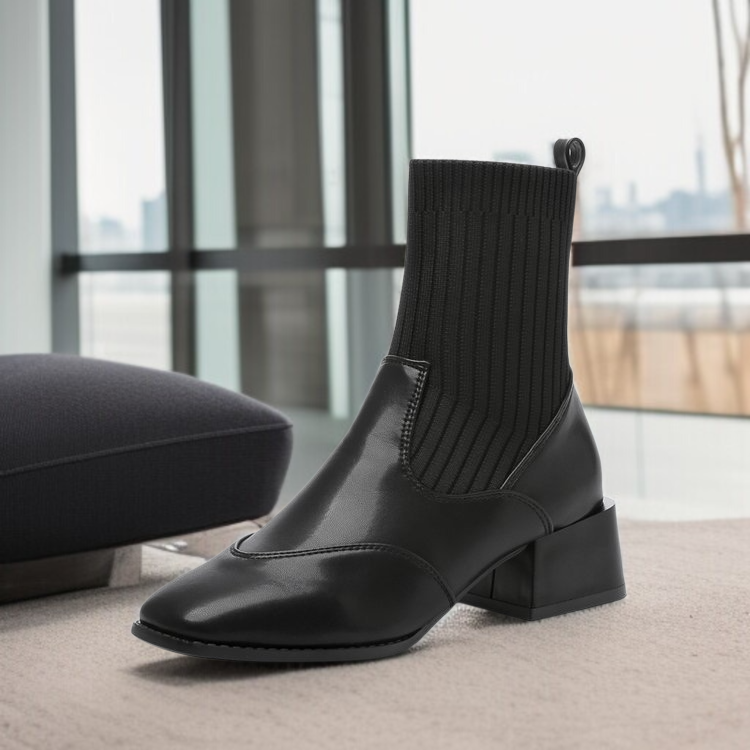 マーティンブーツチェルシーブーツハイレトロチャンキーヒールスキニーブーツブラウンウーンスクエアつま先シングル綿オプションニットストレッチ