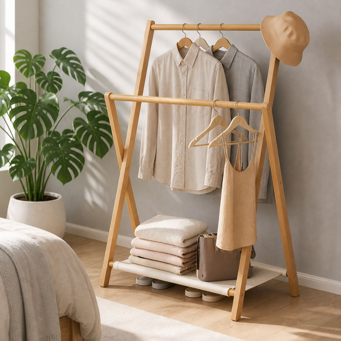 Natural Bamboo Folding Clothes Rack, Simple Indoor Hanger, Odorless