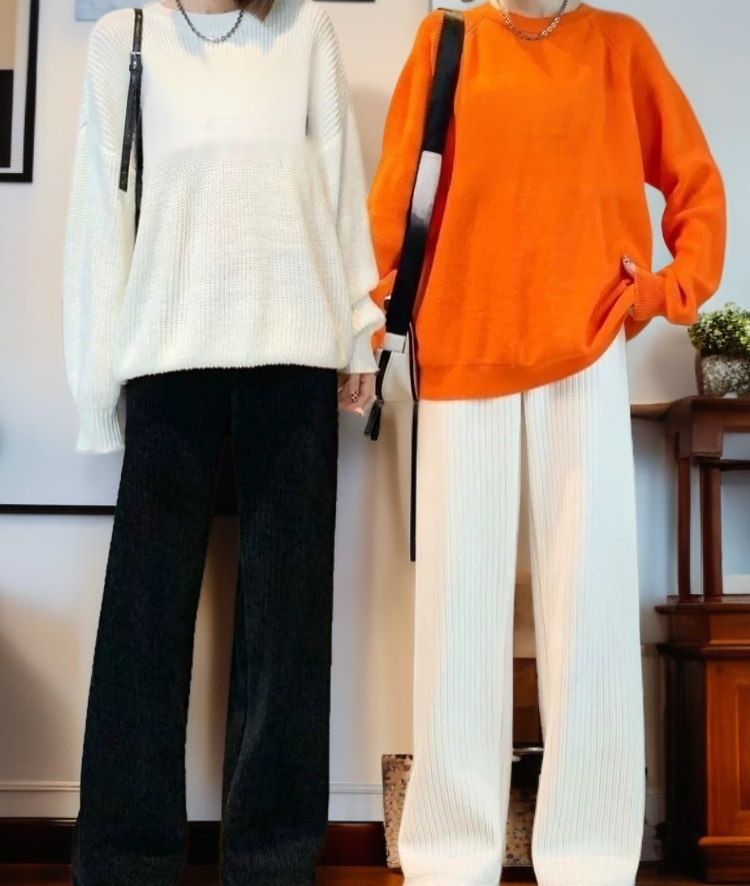 秋冬 レディース クリーム色 ワイドレッグパンツ 全身コーデ