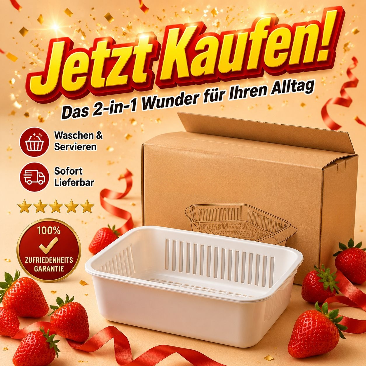 Großer quadratischer Küchenkorb zum Waschen und Abtropfen von Obst und Gemüse