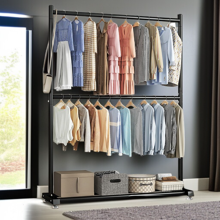 移動式雙層衣架支架系統多功能衣帽架衣物掛架衣櫥
