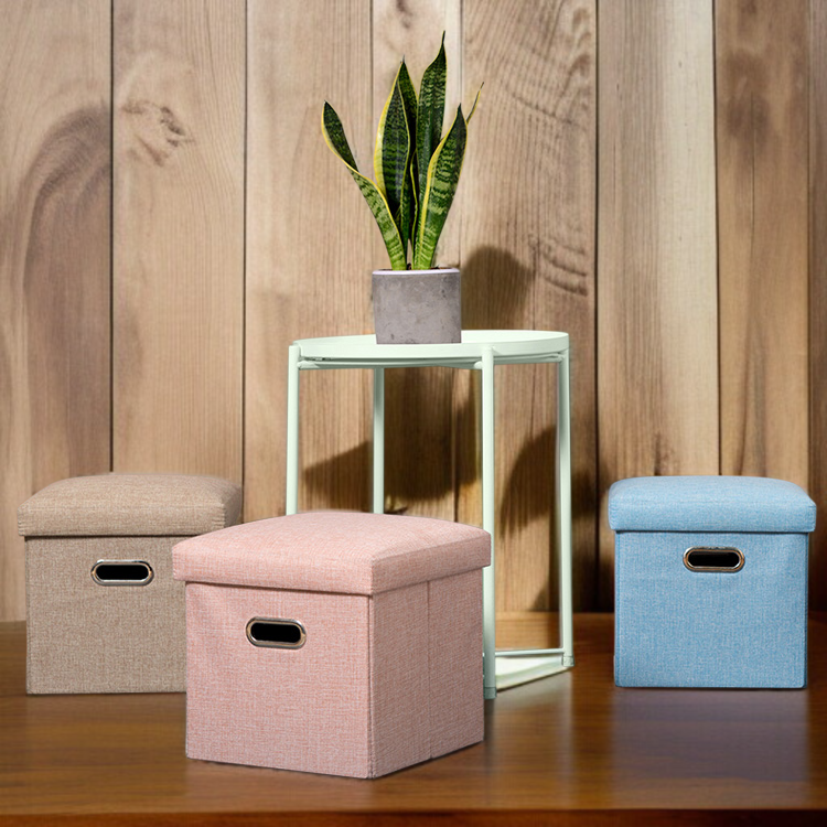 Przenośny składany stołek do przechowywania z imitacji lnu, do zmiany obuwia w domu