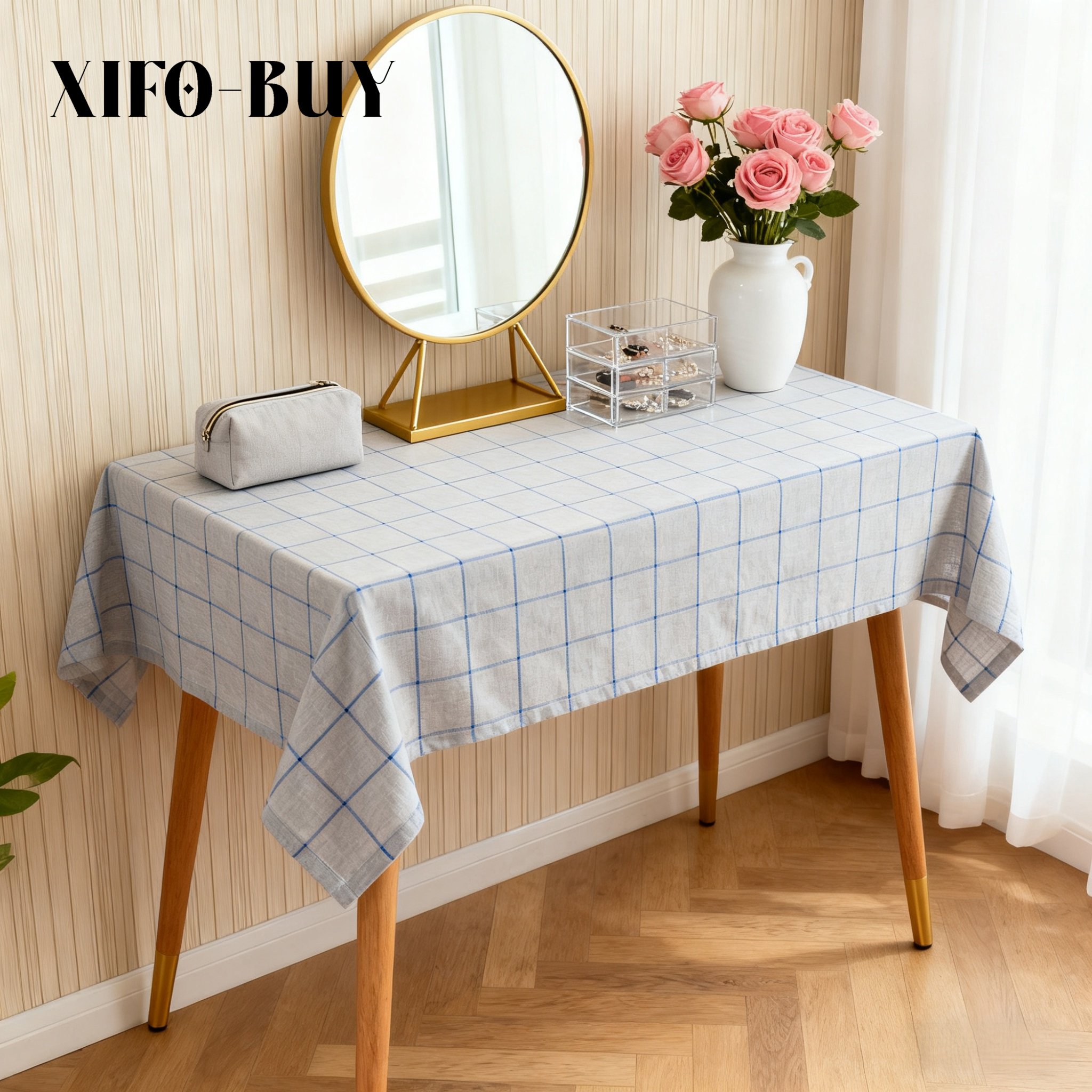 ผ้าปูโต๊ะลายตารางสีน้ำเงินเทา