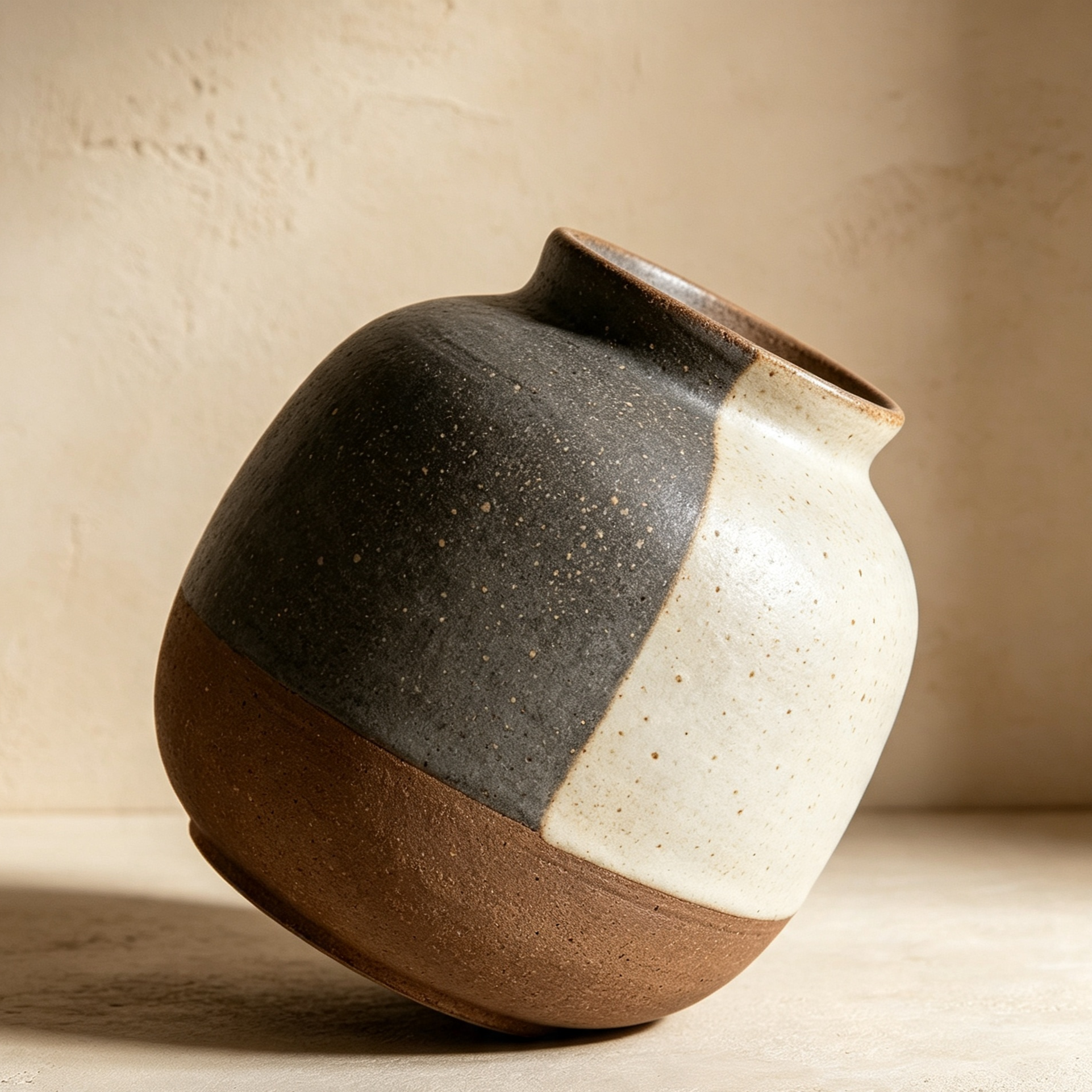 Set of three color-blocked earthenware vases on a wooden table