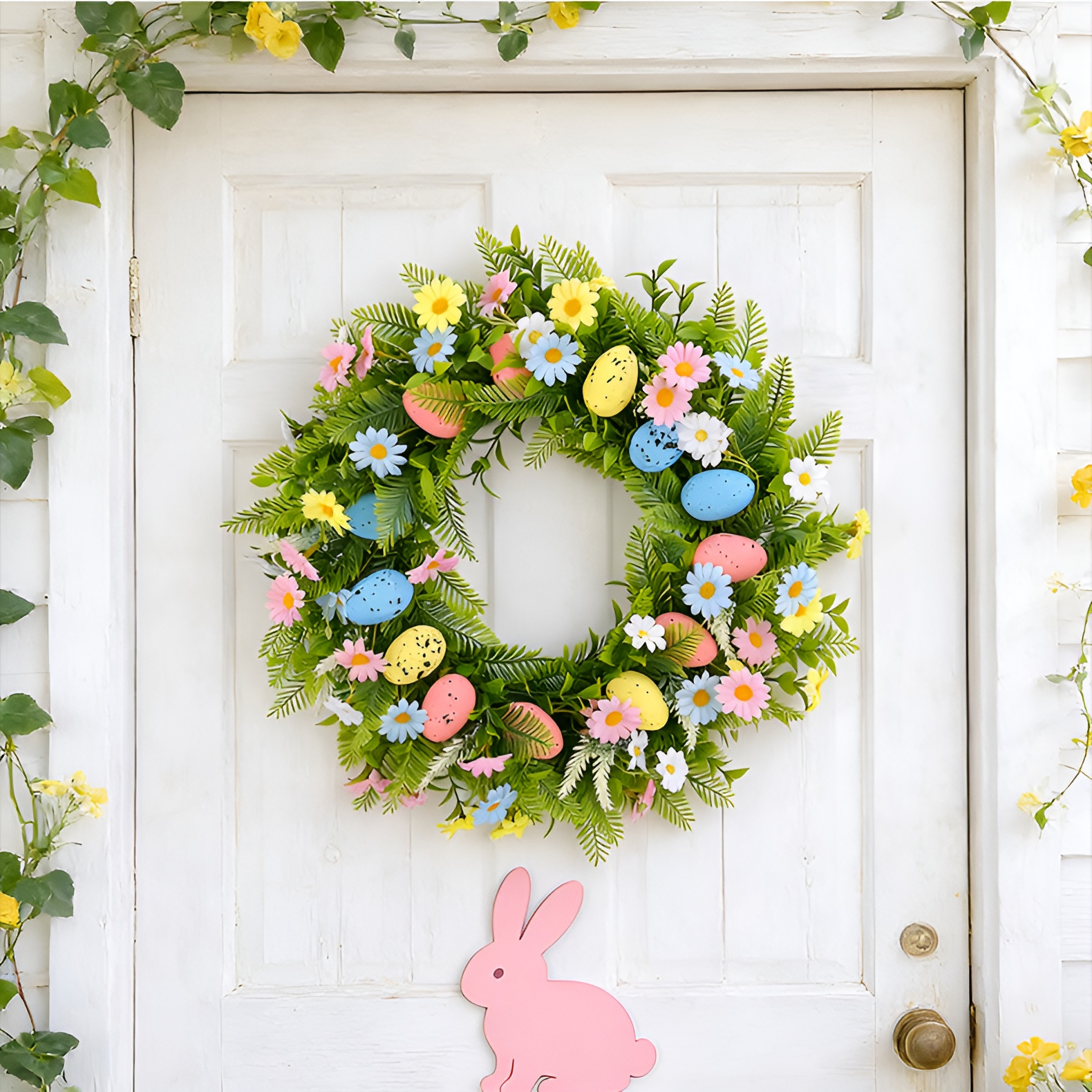 봄 테마의 이스터 리스 45cm, 달걀 장식과 베리, 유칼립투스 잎