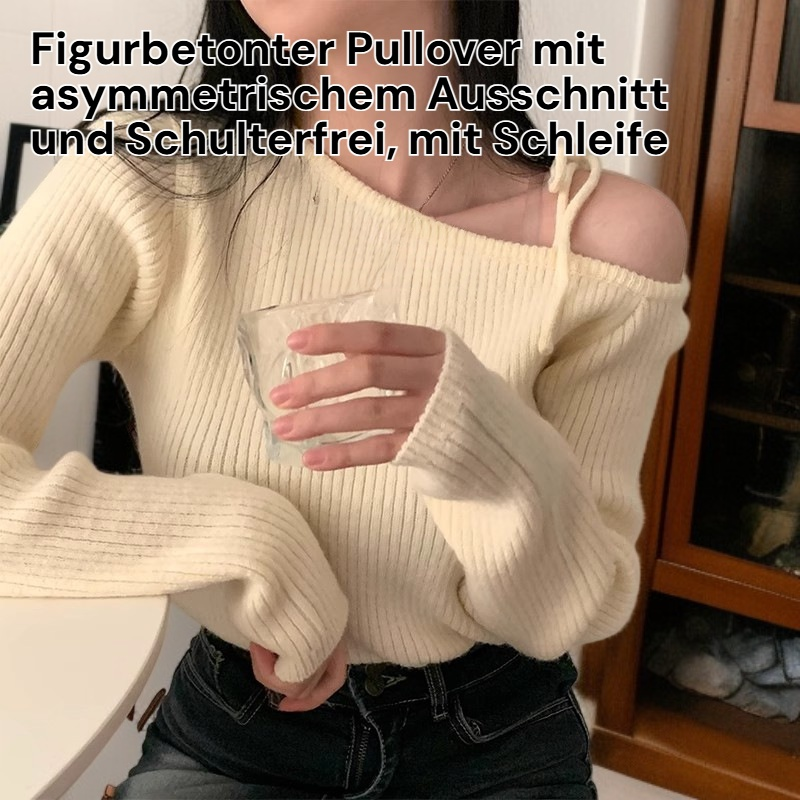 Figurbetonter Pullover mit asymmetrischem Ausschnitt und Schulterfrei, mit Schleife