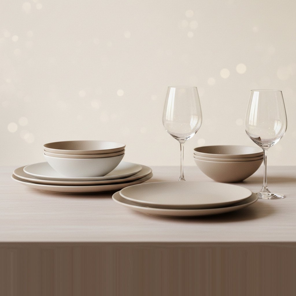 Conjunto de vajilla doméstica con platos, cuencos y copas