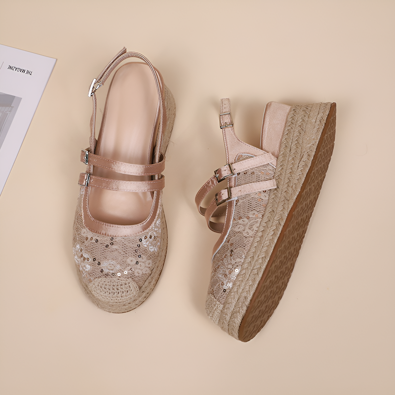 ウェッジヒールサンダル、レディース用クローズドトゥサンダル、2025年新作サンダル、フレンチハイヒールプラットフォームシューズ、スパンコールダブルバックルウェッジヒールサンダル