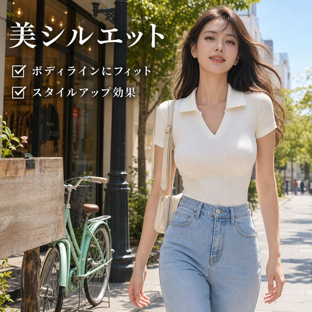 スリムで細見え無地Vネック半袖ポロ襟ニットレディーストップス