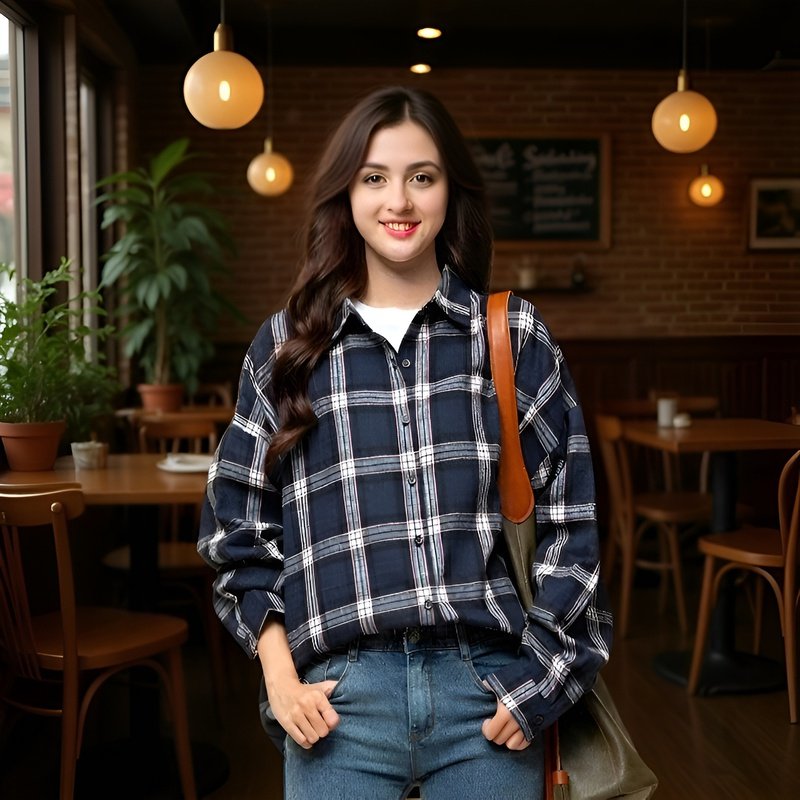 女性用カジュアルチェック柄フランネルシャツ