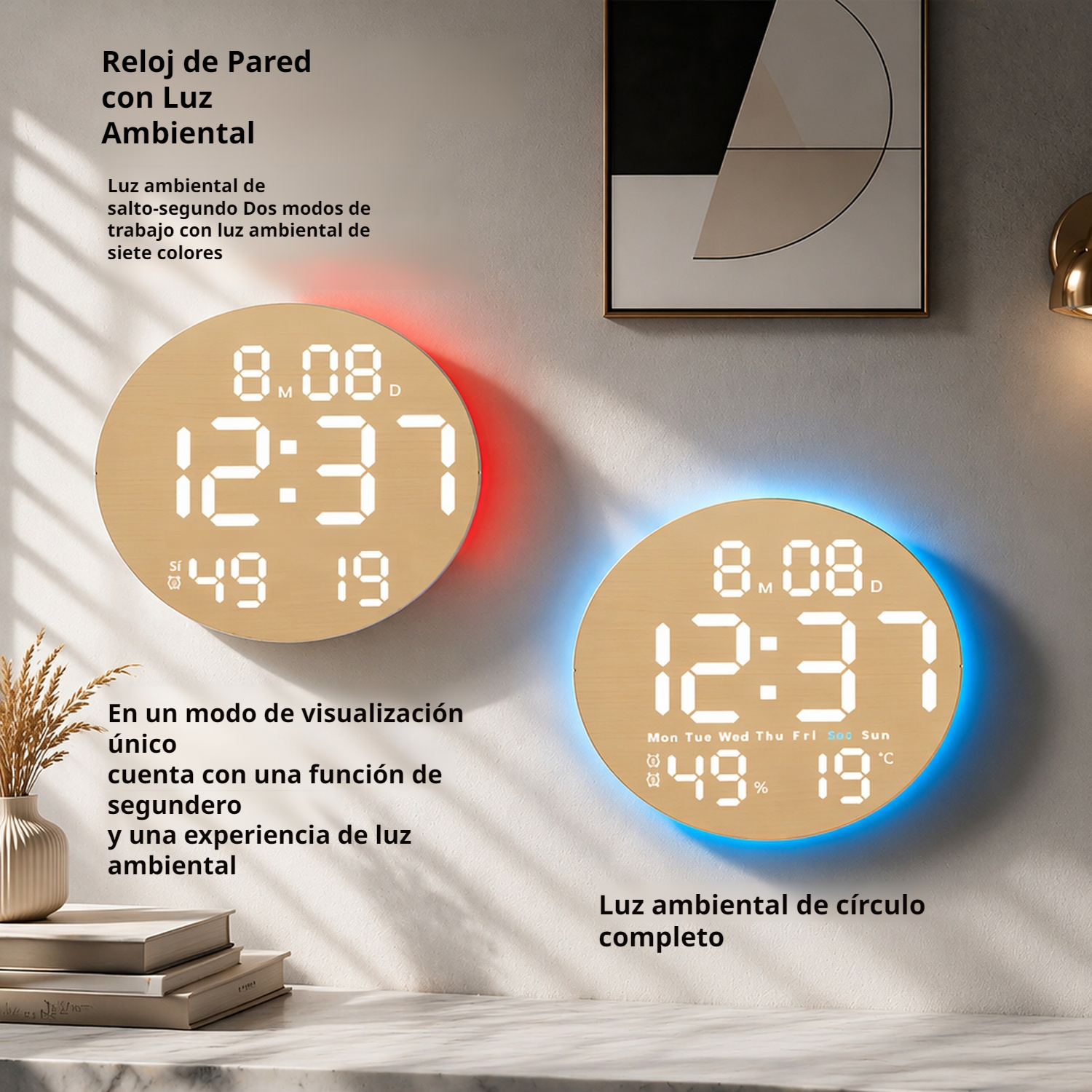 Reloj de pared LED moderno, textura cálida de madera/tela, efecto de luz ambiental