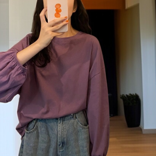 여성 얇은 맨투맨 가을 날씬해 보이는 루즈핏 벌룬 소매 긴팔 티셔츠 맨투맨 여성 맨투맨