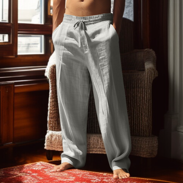 メンズの通気性に優れたコットン＆リネンのストレートレッグパンツ