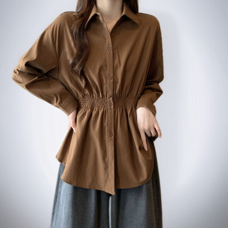 허리 조임 긴팔 캐주얼 슬리밍 탑