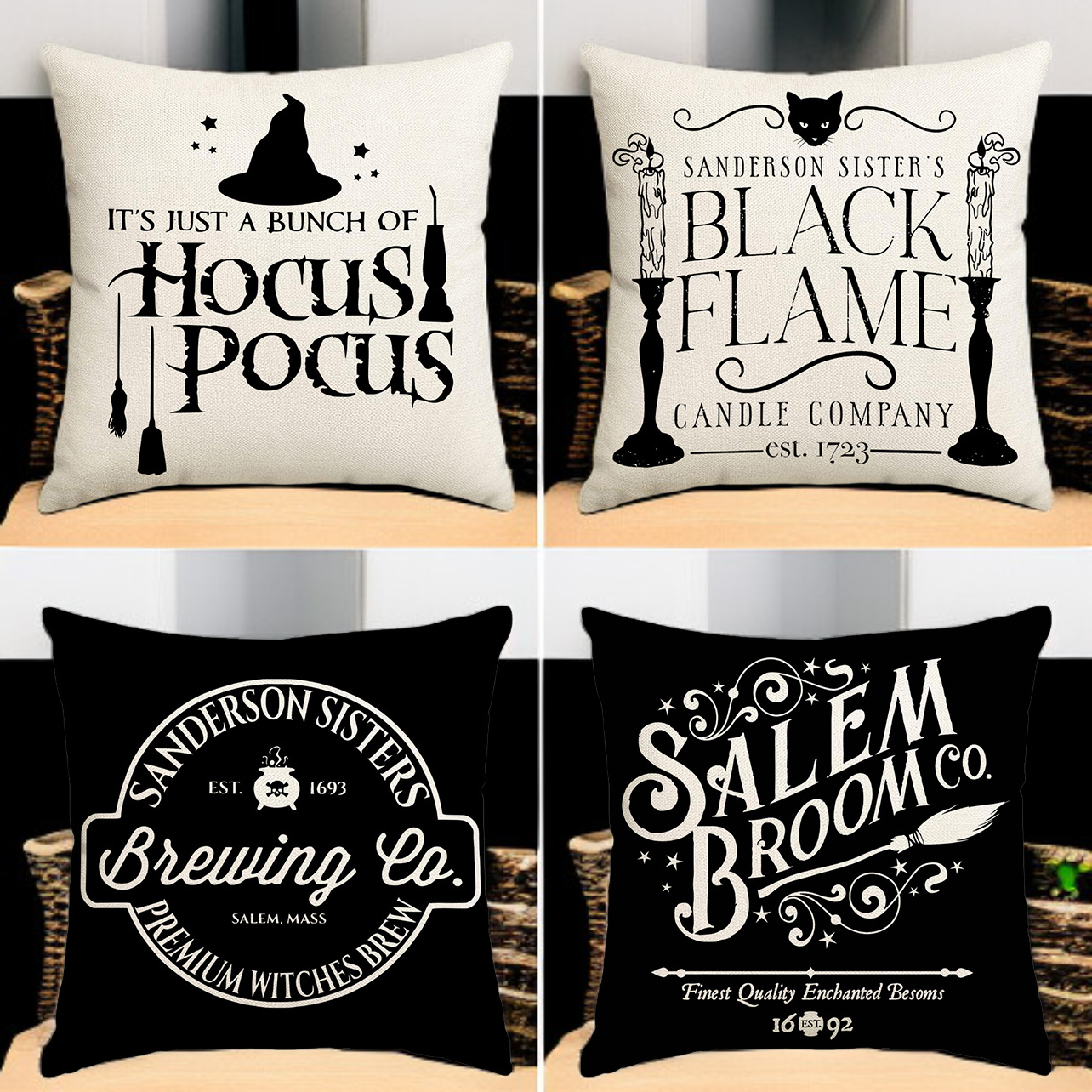 호박과 두개골이 그려진 쿠션 커버