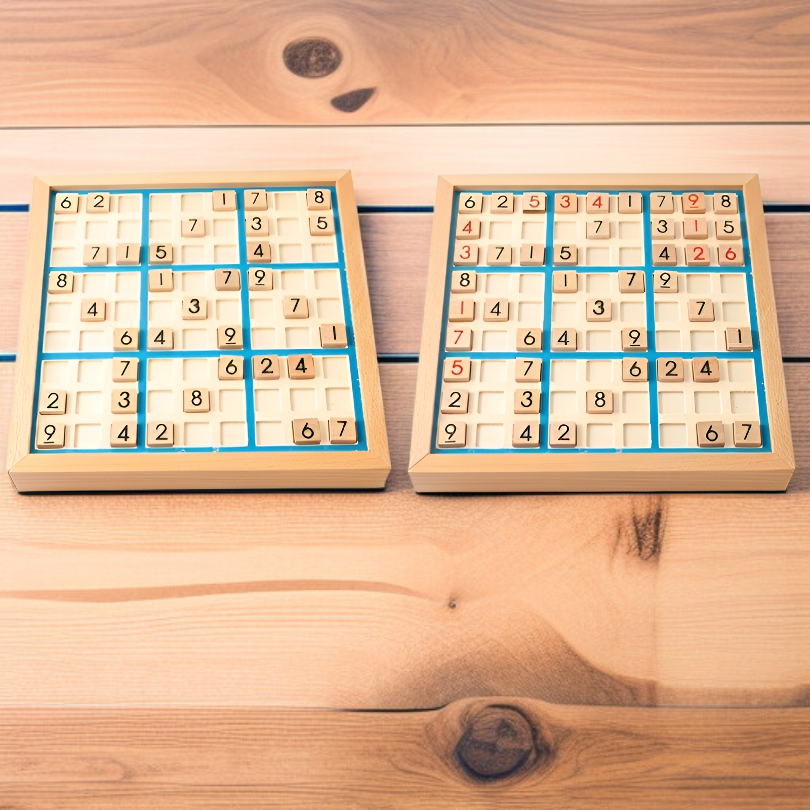 Dziecko grające w sudoku na drewnianej planszy