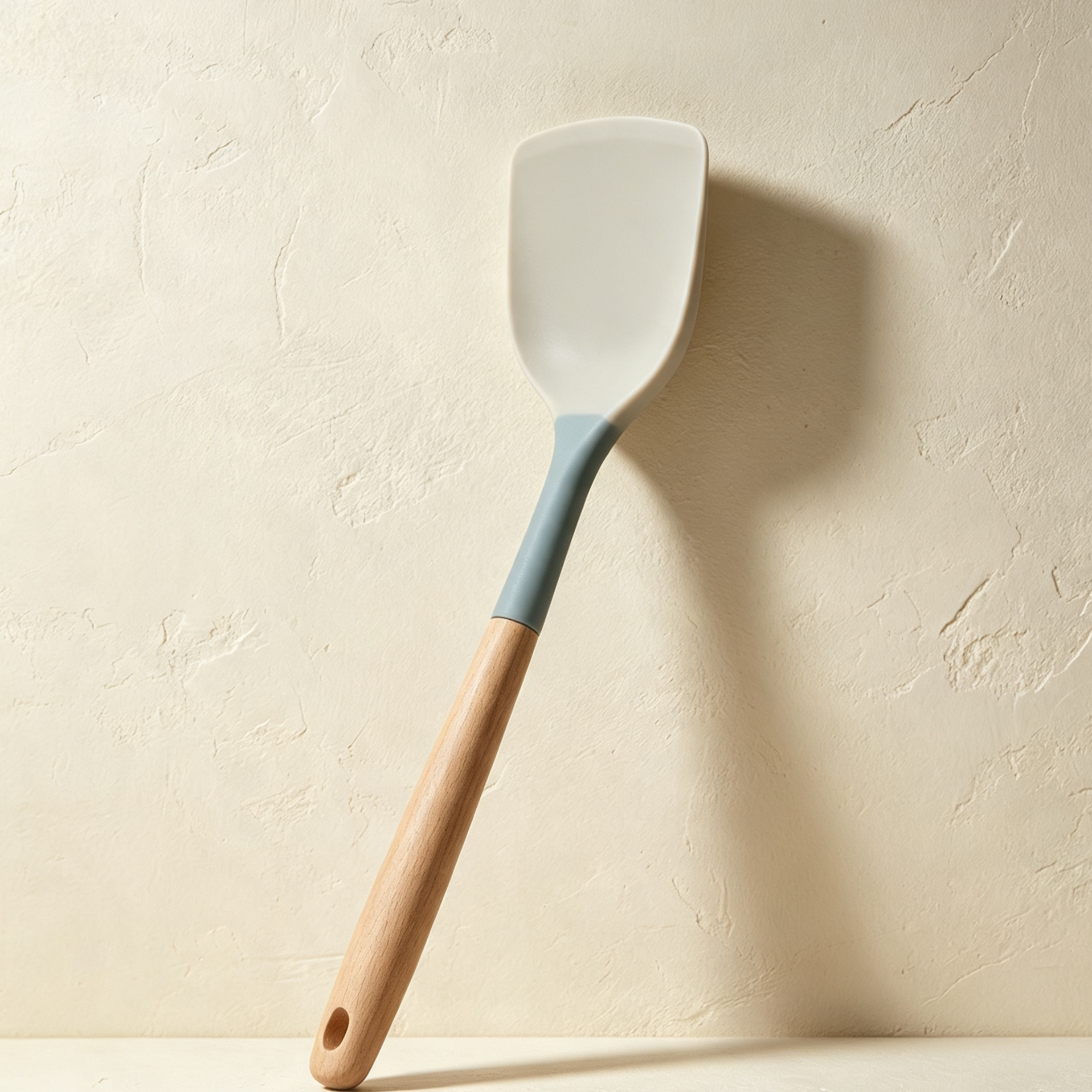 Set of six silicone spatulas with wooden handles displayed on kitchen counter