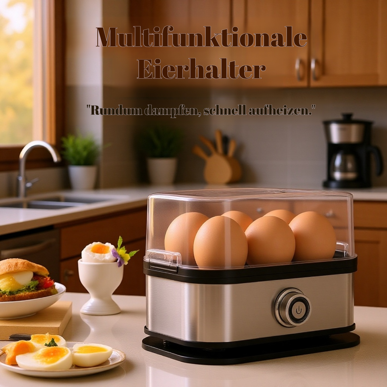 Kompakter Edelstahl-Eierkocher, Ein-Knopf-Bedienung, Schutz vor Trockenlauf