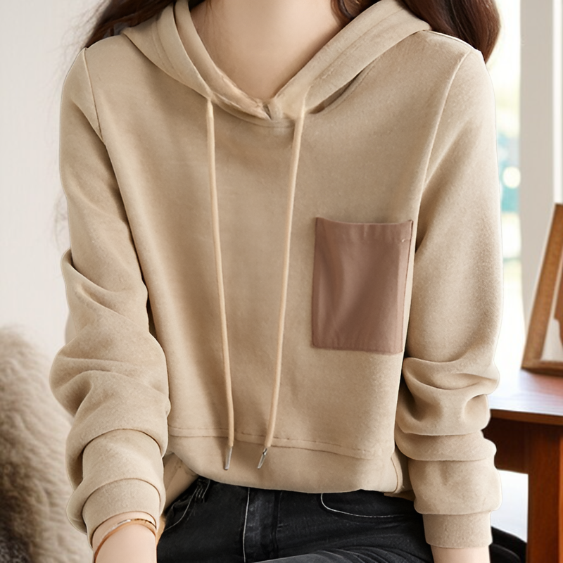 유럽 스타일 컬러 블록 포켓 후드티 가을 캐주얼 루즈핏 스트리트 패션 기본 티셔츠