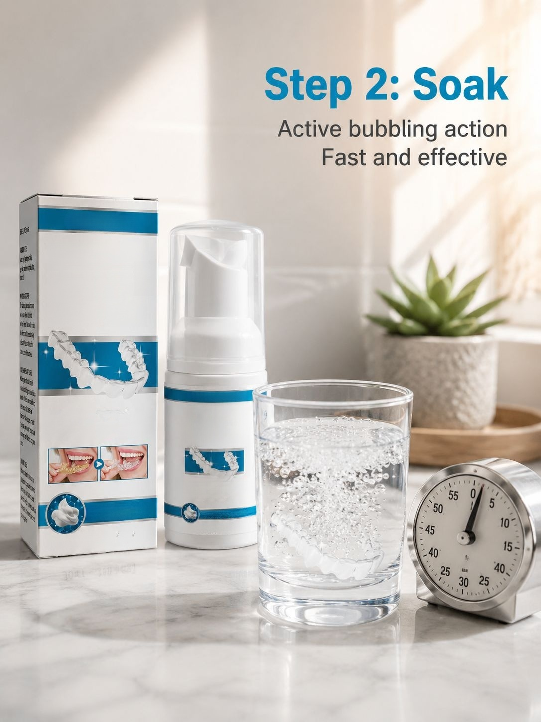 Oral Care Denture Stain Remover tablets being dropped into glass
