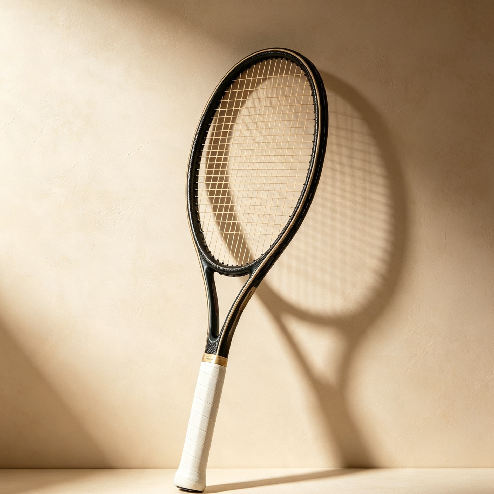 Elegant gold-rimmed tennis racket handle detail