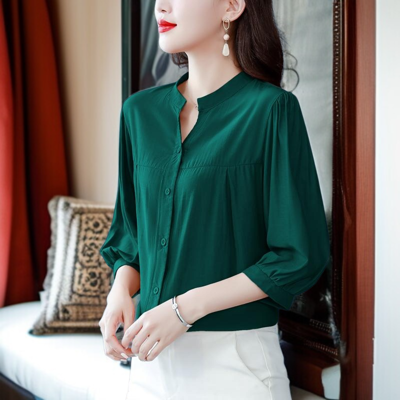 면 마 셔츠 여 린넨 상의 고급 반팔 칠부 소매 엄마 루즈핏 배 가리개 블라우스 고급스러움