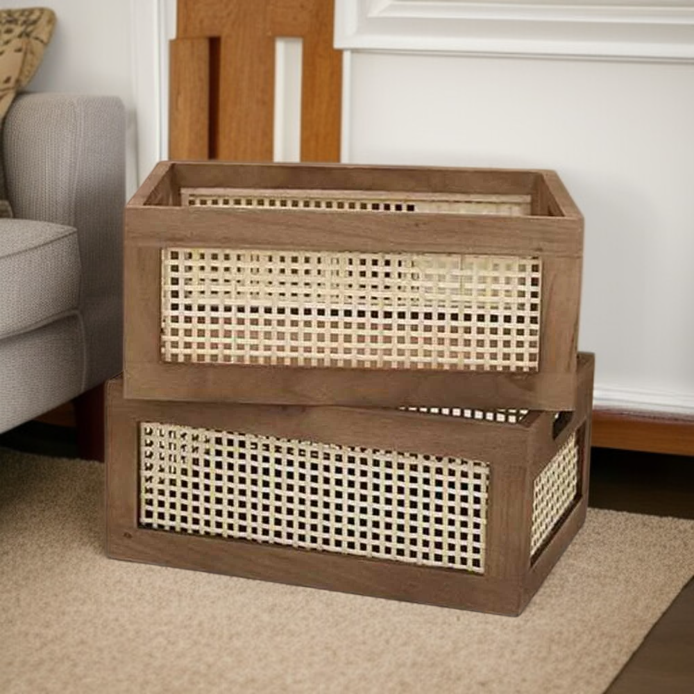 Organizador de mimbre cuadrado, canasta decorativa de ratán