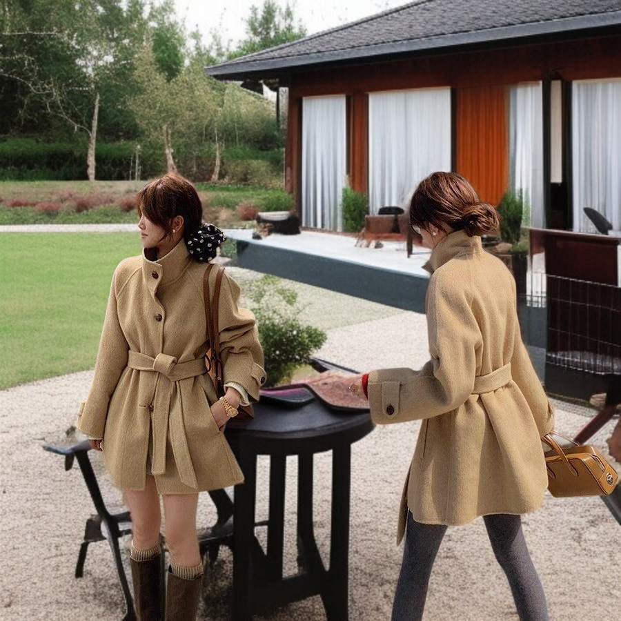 키 작은 가을 겨울 루즈핏 모직 코트 차이나 모직 코트 나른한 모직 코트